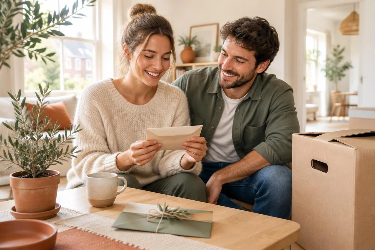 Stel in een nieuwe woning met een cadeau-envelop naast de verhuisdozen