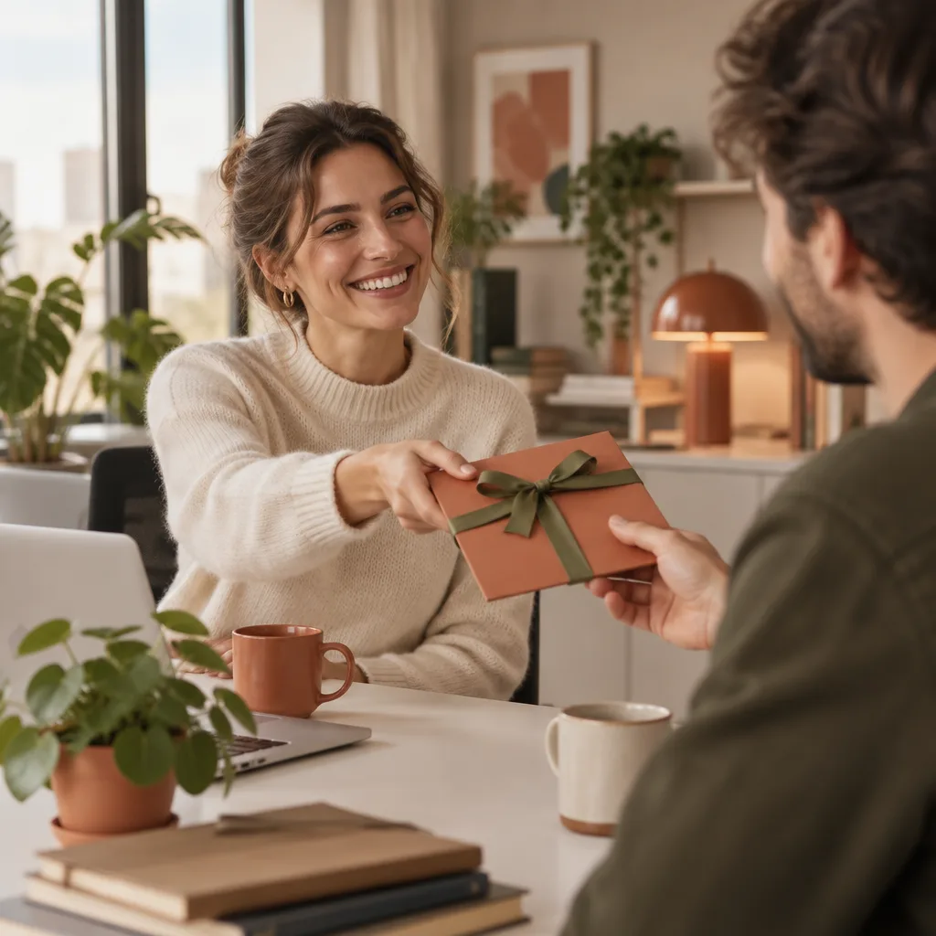 Collega ontvangt een terracotta cadeau-envelop met olijfgroen lint aan het bureau met koffie en groene planten
