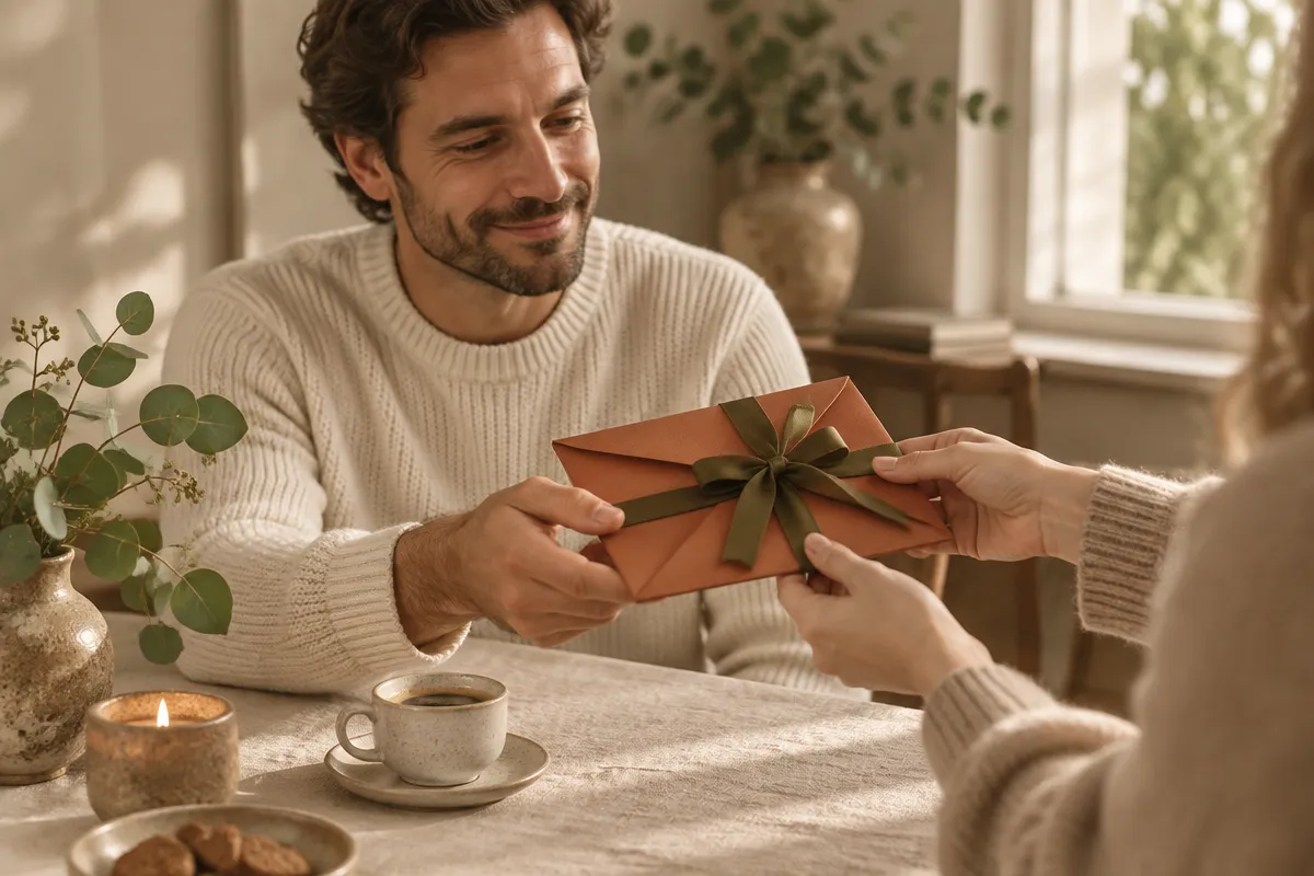 Man ontvangt een terracotta cadeau-envelop met olijfgroen lint aan een gedekte tafel