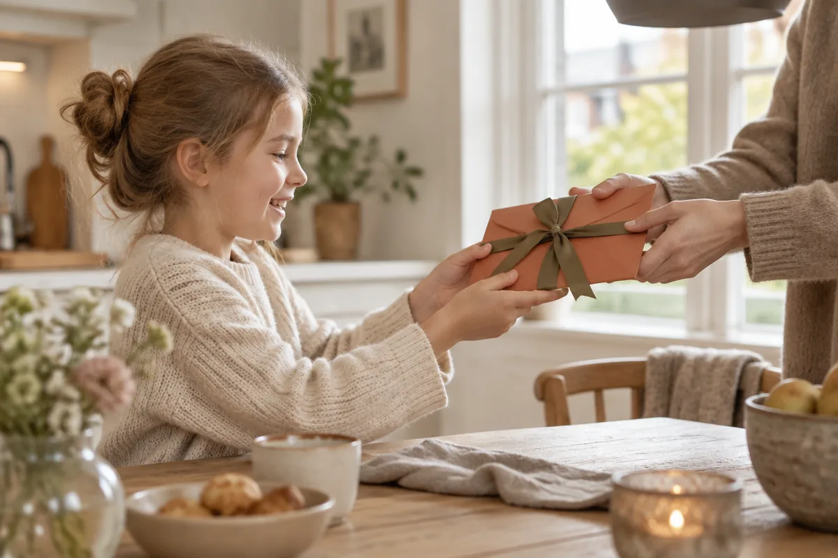 Meisje ontvangt een terracotta cadeau-envelop met olijfgroen lint aan de keukentafel