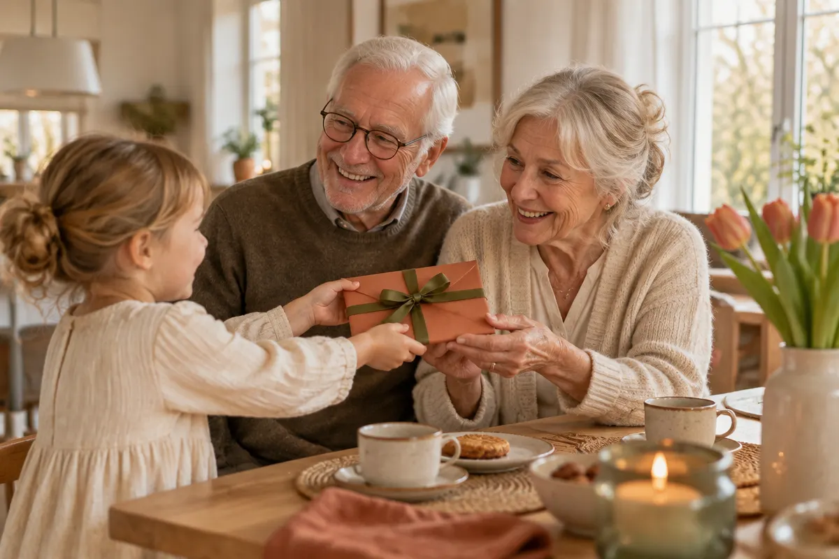 Kind overhandigt opa en oma een terracotta cadeau-envelop met olijfgroen lint aan de keukentafel