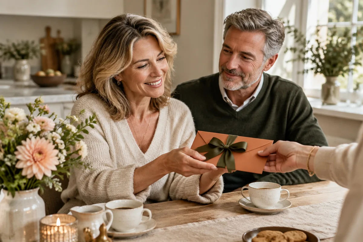 Ouders ontvangen samen een terracotta cadeau-envelop met olijfgroen lint aan de keukentafel met koffie en bloemen