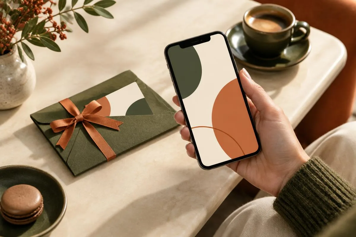 Digitale cadeaubon op een telefoon naast een feestelijk ingepakte cadeau-envelop
