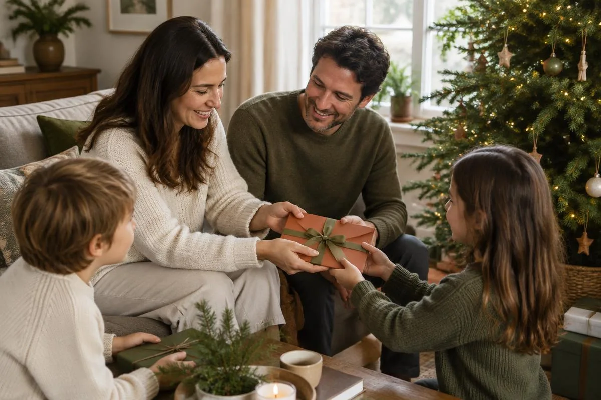 Gezin wisselt een kerstcadeau uit in een sfeervolle woonkamer naast de kerstboom