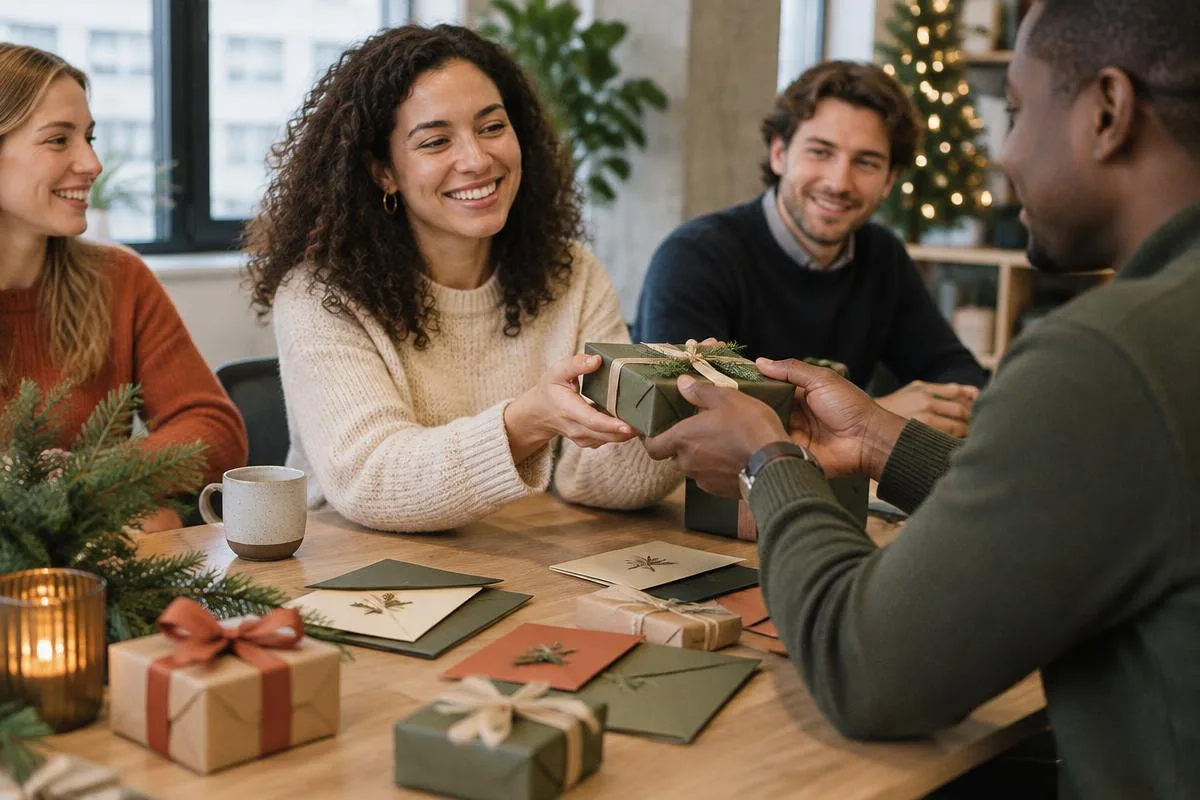 Collega's die samen een stijlvol kerstcadeau voor personeel overhandigen