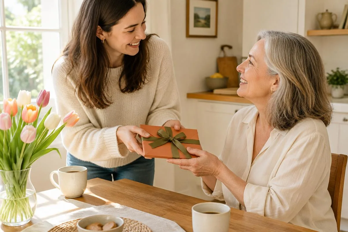 Dochter geeft haar moeder een terracotta cadeau-envelop aan de keukentafel met tulpen