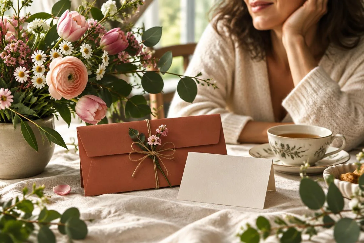Moederdagcadeau met bloemen, thee en een terracotta cadeau-envelop