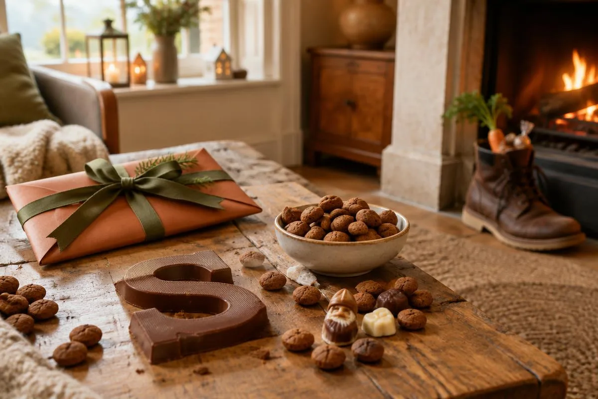 Sinterklaascadeau met chocoladeletter, pepernoten en een terracotta cadeau-envelop bij de open haard