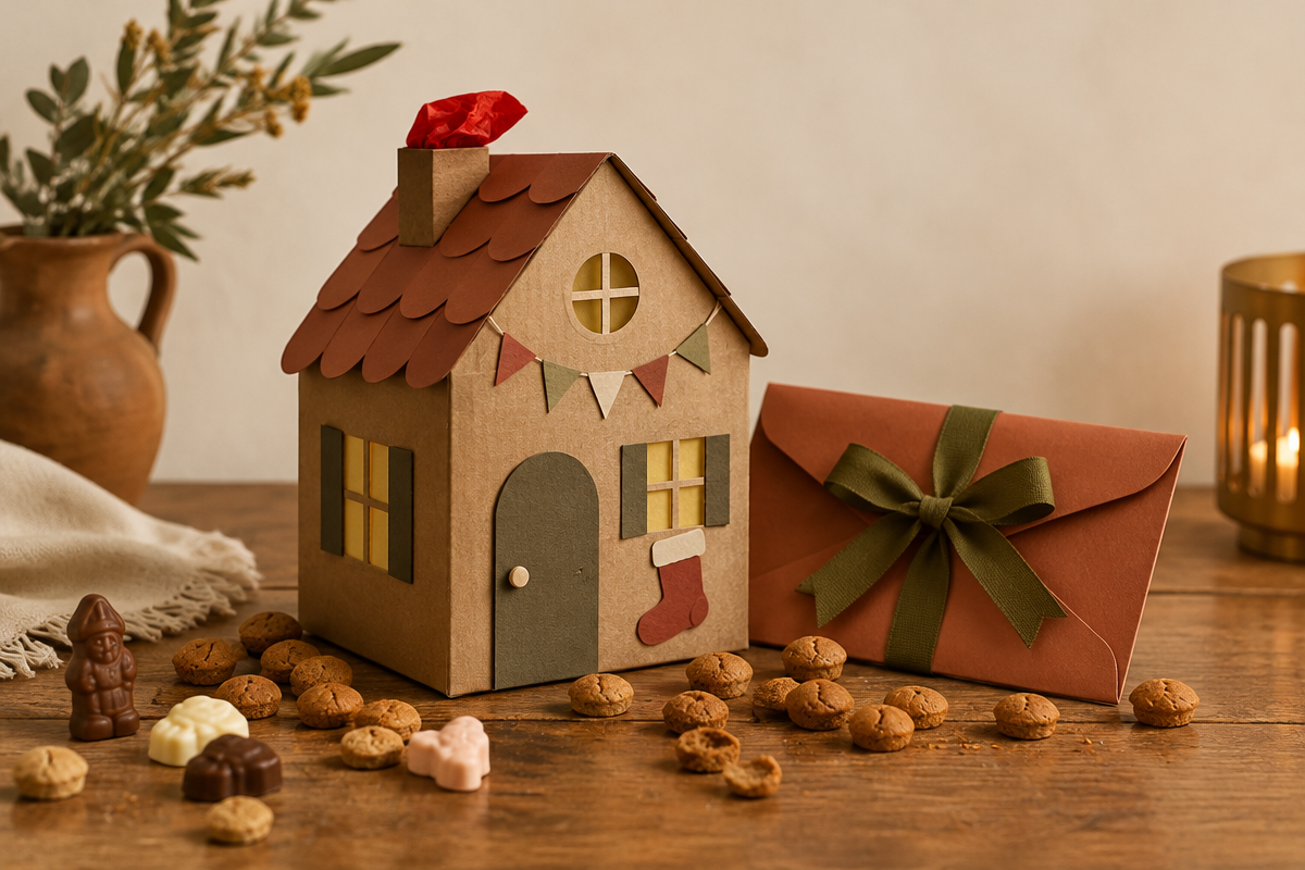 Zelfgemaakte kartonnen surprise naast een terracotta cadeau-envelop met olijfgroen strik en pepernoten