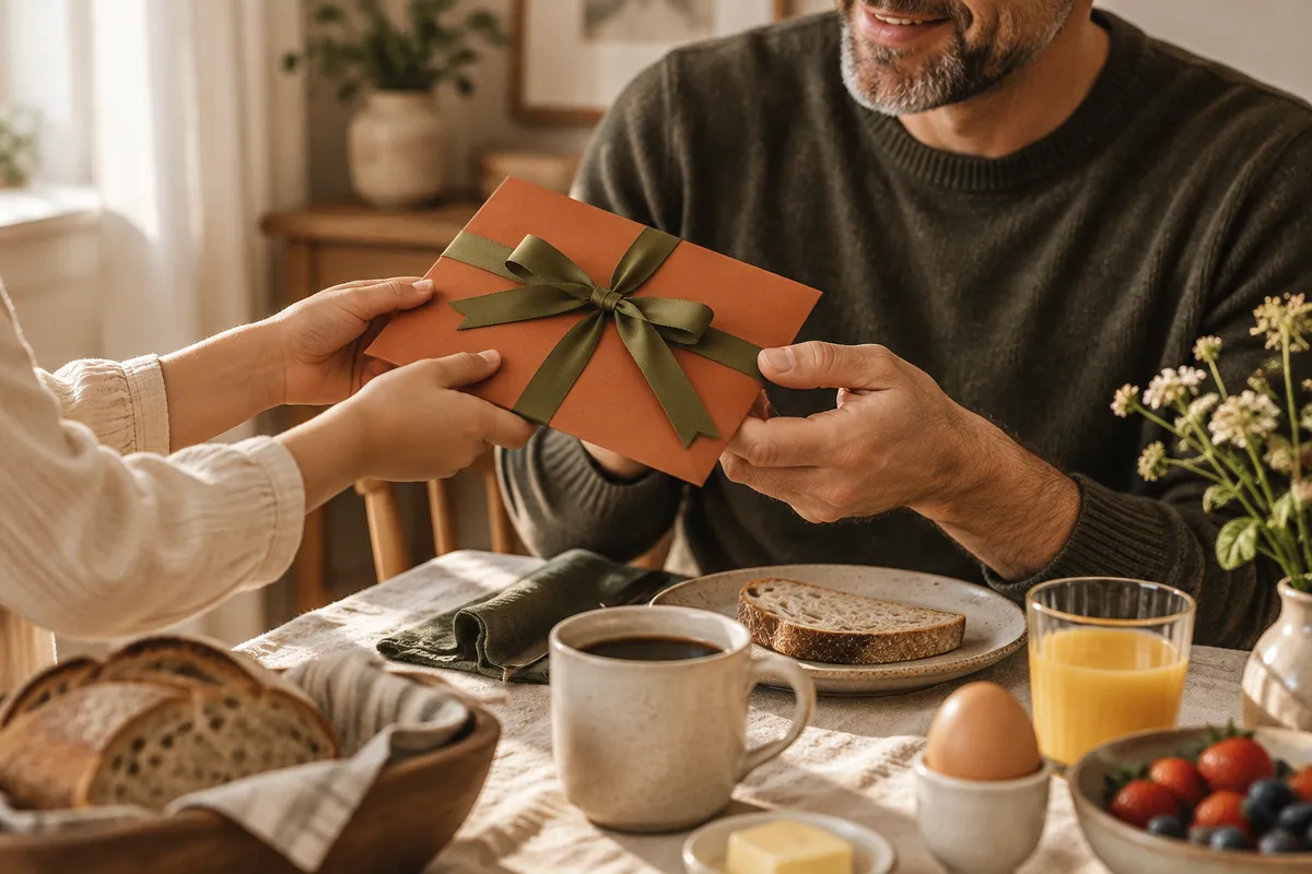 Vader ontvangt een terracotta cadeau-envelop met olijfgroen lint aan de ontbijttafel