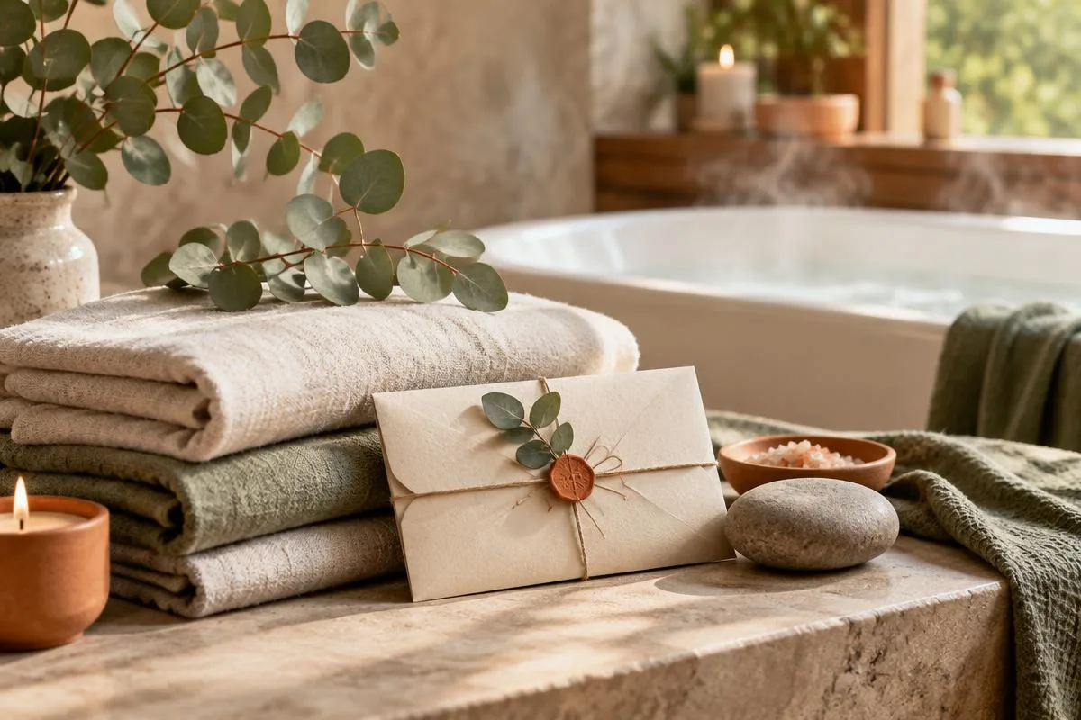 Wellness cadeaubon tussen zachte handdoeken, eucalyptus en een warm bad