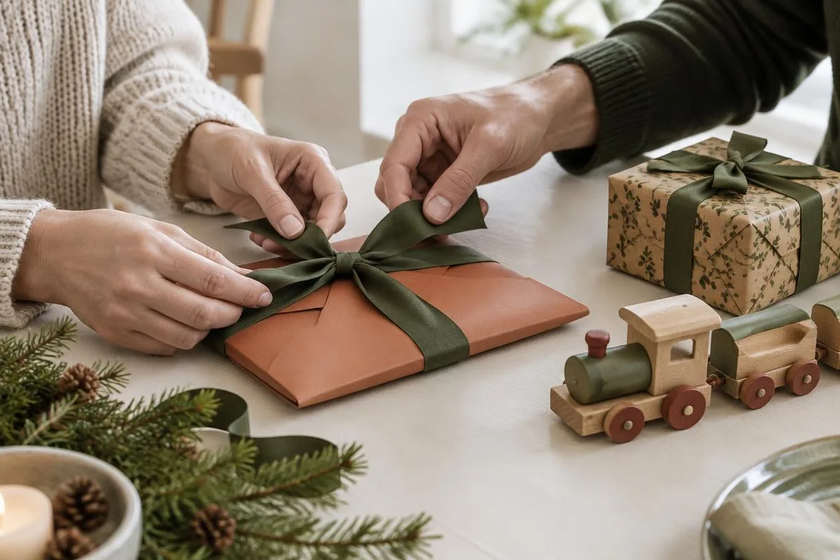 Twee volwassenen knopen olijfgroen lint om een terracotta cadeau-envelop naast een houten speelgoedtrein en ingepakt cadeau