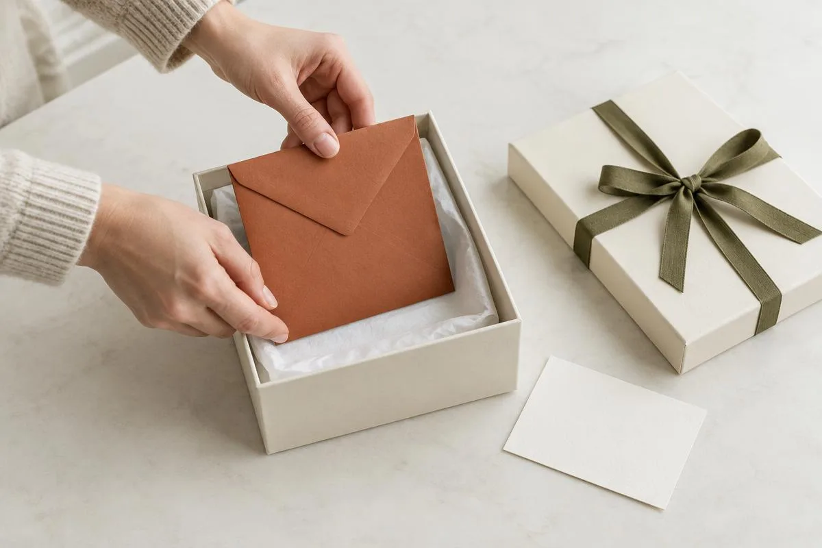 Handen plaatsen een terracotta cadeau-envelop in een ivoorkleurig doosje met papier en een deksel met olijfgroen lint
