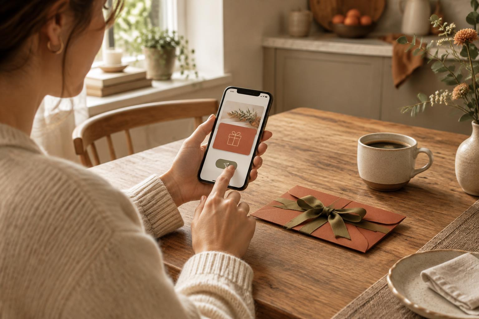 Vrouw verstuurt een digitale cadeaubon op haar telefoon aan een houten tafel met een terracotta cadeau-envelop met olijfgroene strik