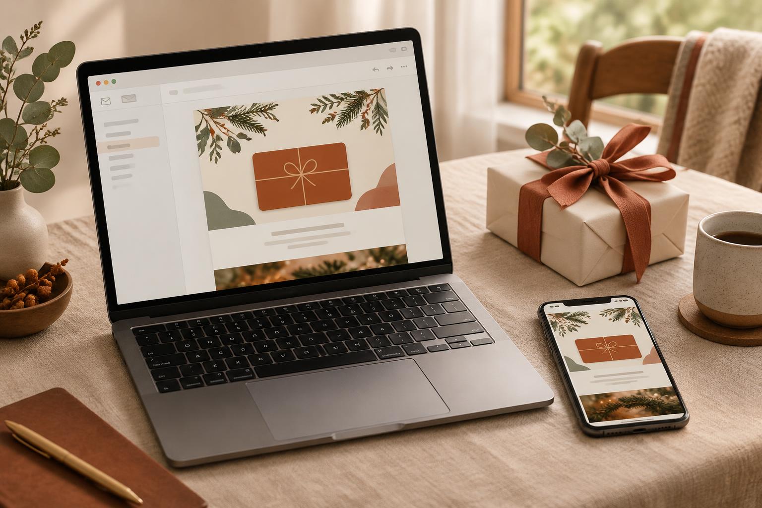 Laptop en telefoon tonen een feestelijke e-mail met een digitale cadeaubon naast een ingepakt cadeau met terracotta lint