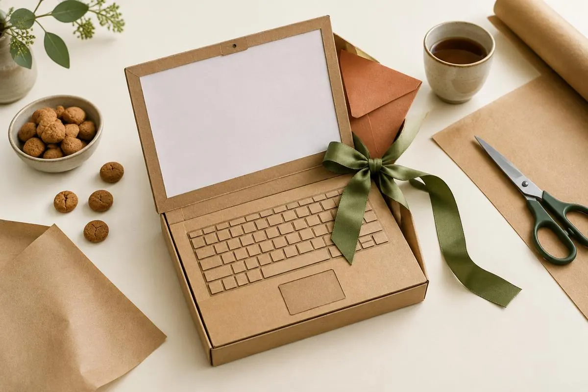 Zelfgemaakte kartonnen laptop-surprise met blanco scherm, cadeau-envelop, olijfgroen lint en knutselmateriaal