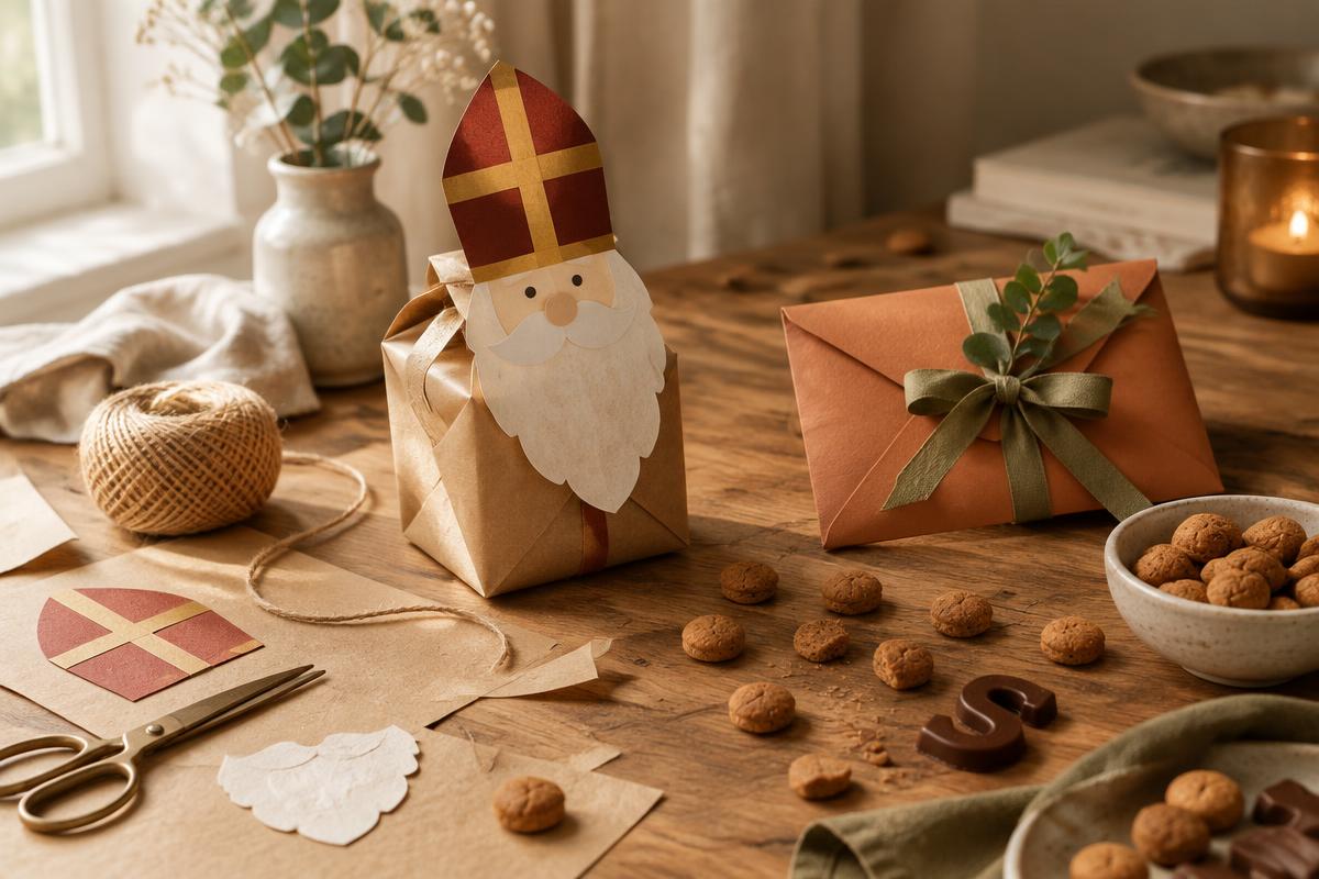 Zelfgemaakte sinterklaassurprise van kraftpapier met een terracotta cadeau-envelop met olijfgroene strik, pepernoten en een chocoladeletter op een houten tafel